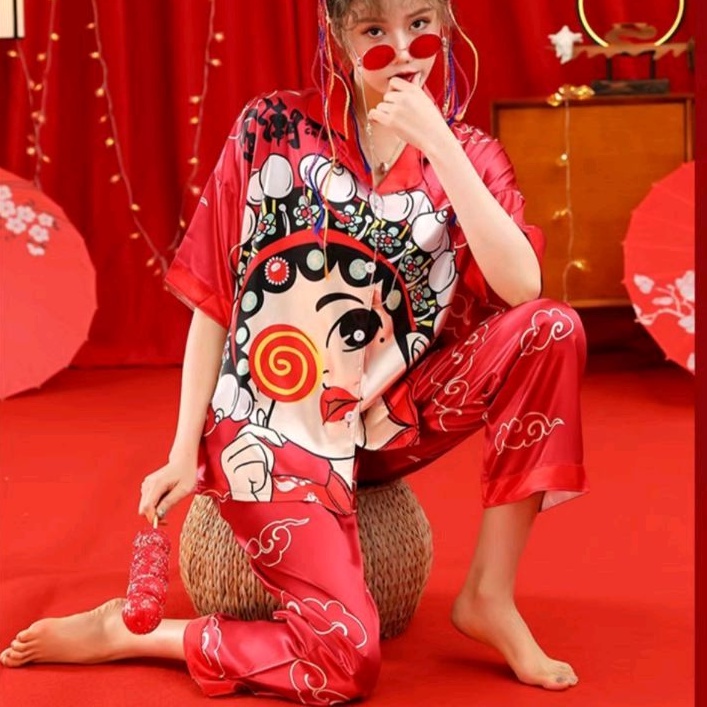 0453 Setelan baju Pajamas CNY piyama set celana panjang SATIN ala Korea Korean style wanita premium 