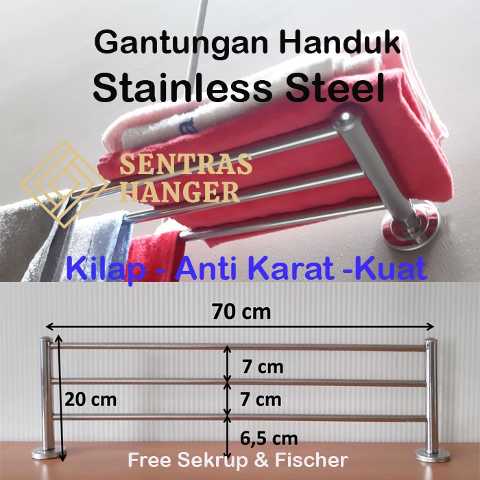 Gantungan Handuk Stainless Steel, 60 cm &amp; 70 cm, 3 Baris