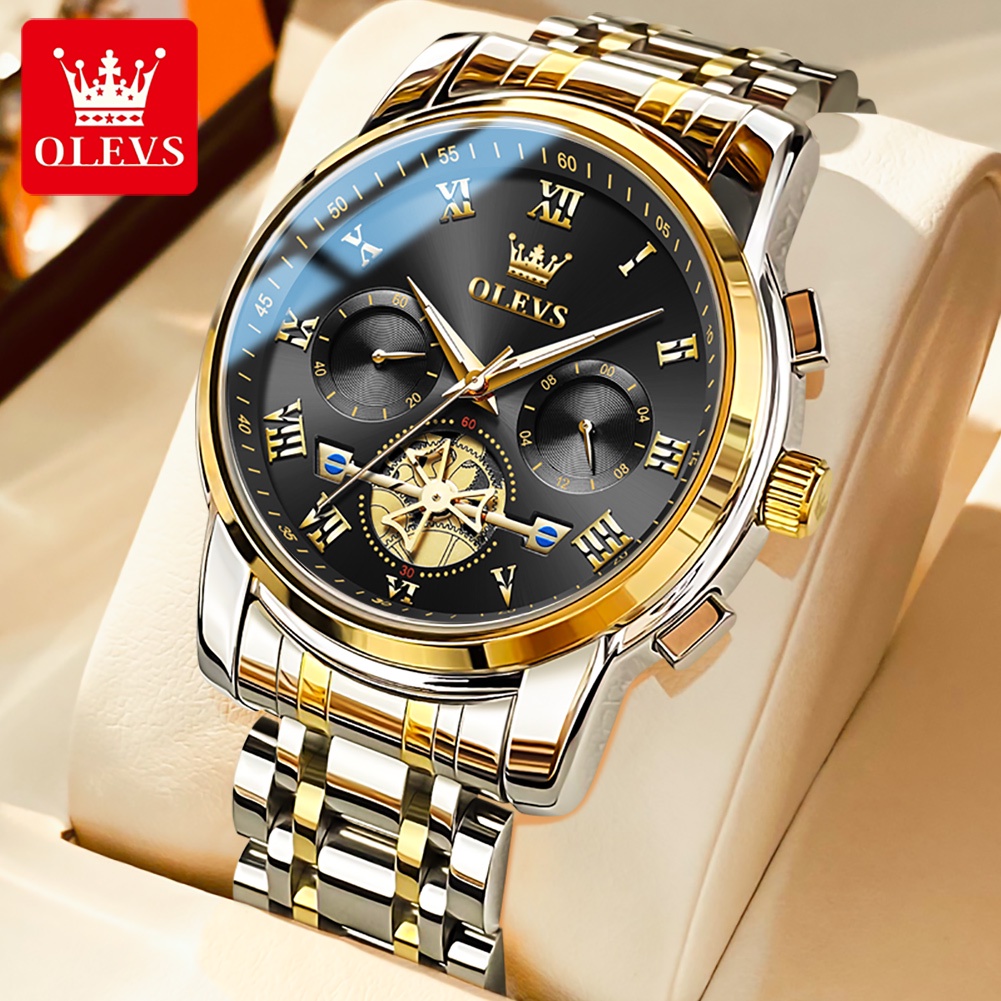 OLEVS Jam Tangan Pria Original Anti Air Tahan Luminous Fashion Analog Chronograph Stainless Steel Watch Men