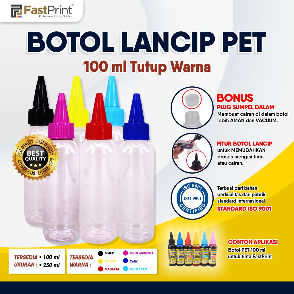 Botol Plastik PET Bening Lancip Tutup Warna 100ML