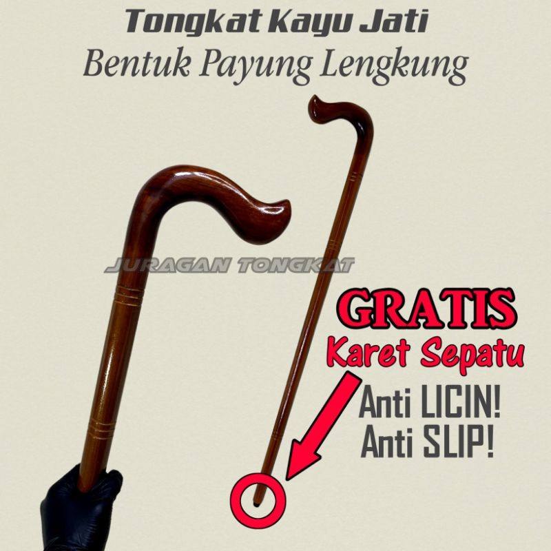 Original Tongkat Kayu Jati Motif Payung Lengkung / Tongkat Jalan / Tongkat Kayu / Tongkat Orang Tua