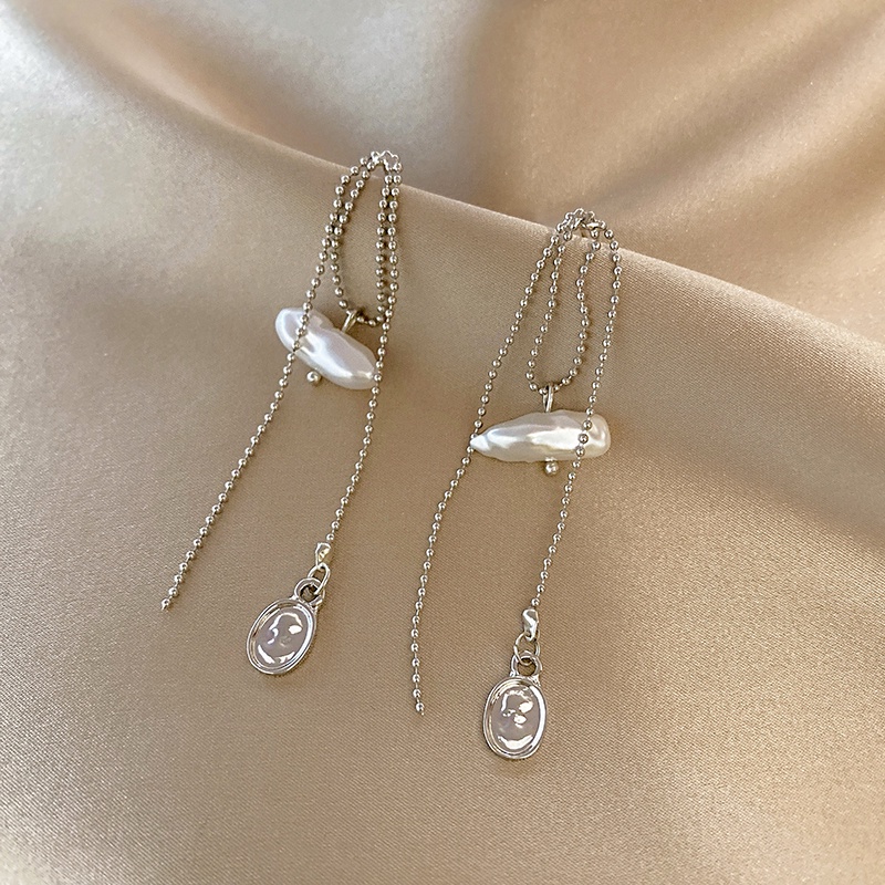 Anting Tusuk Gantung Temperament Warna Silver Hias Mutiara Gaya Trendy Untuk Wanita