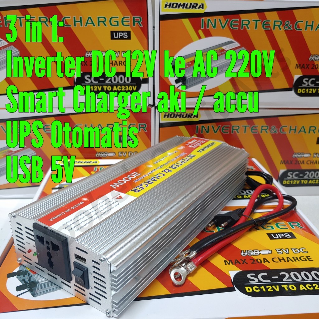 Inverter 2000w 2000 watt plus Charger Aki 20a UPS Otomatis DC 12V to AC 220V USB 5V