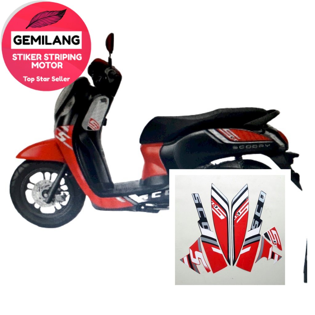 Striping Decal Polet Sticker motor Honda scoopy sporty 2022 2023 hitam-merah stiker list body motor