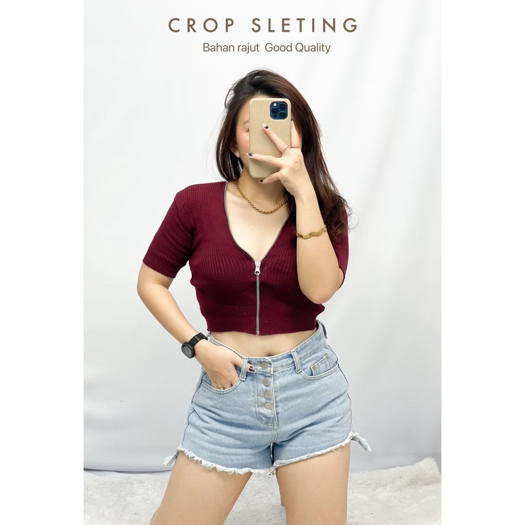 Basic id fashion  Crop Top Rajut Zipper / Crop Top lengan pendek