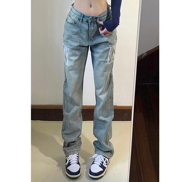Suhao Gaya Amerika Getaran Gaya Bordir Huruf Denim Celana Wanita Awal Musim Gugur Retro High Street In Tide Longgar Dipanjangkan celana Lurus