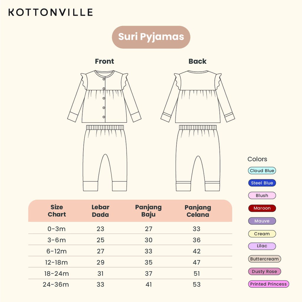 KOTTONVILLE SETELAN BAJU TIDUR PIYAMA ANAK BAYI ESSENTIALS SURI FOLDABLE PAJAMAS SET 0-2 TAHUN PART 2