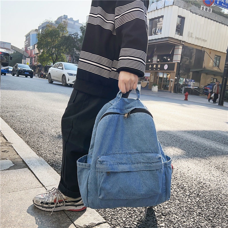 Sera Vintage Dicuci Ransel Denim Retro Tas Sekolah Kapasitas Besar Wanita SMA Mahasiswa Korea Tas Travel Pasang