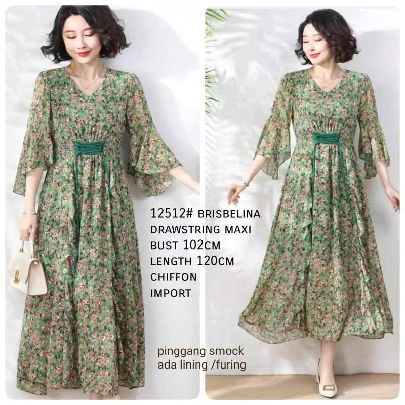 MDLV ~ 12512# Brisbelina Drawstring Maxi Green Dress Premium Import