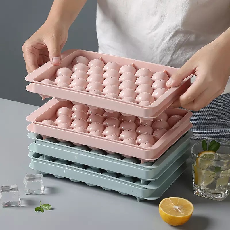 Cetakan Es Batu Bulat 33 Hole Grid Ice Cube Tray Cetakan Jelly Agar-Agar Coklat 33 Lubang Bulat Round dengan Tutup Tempat Es Batu Bulat Tutup Serbaguna