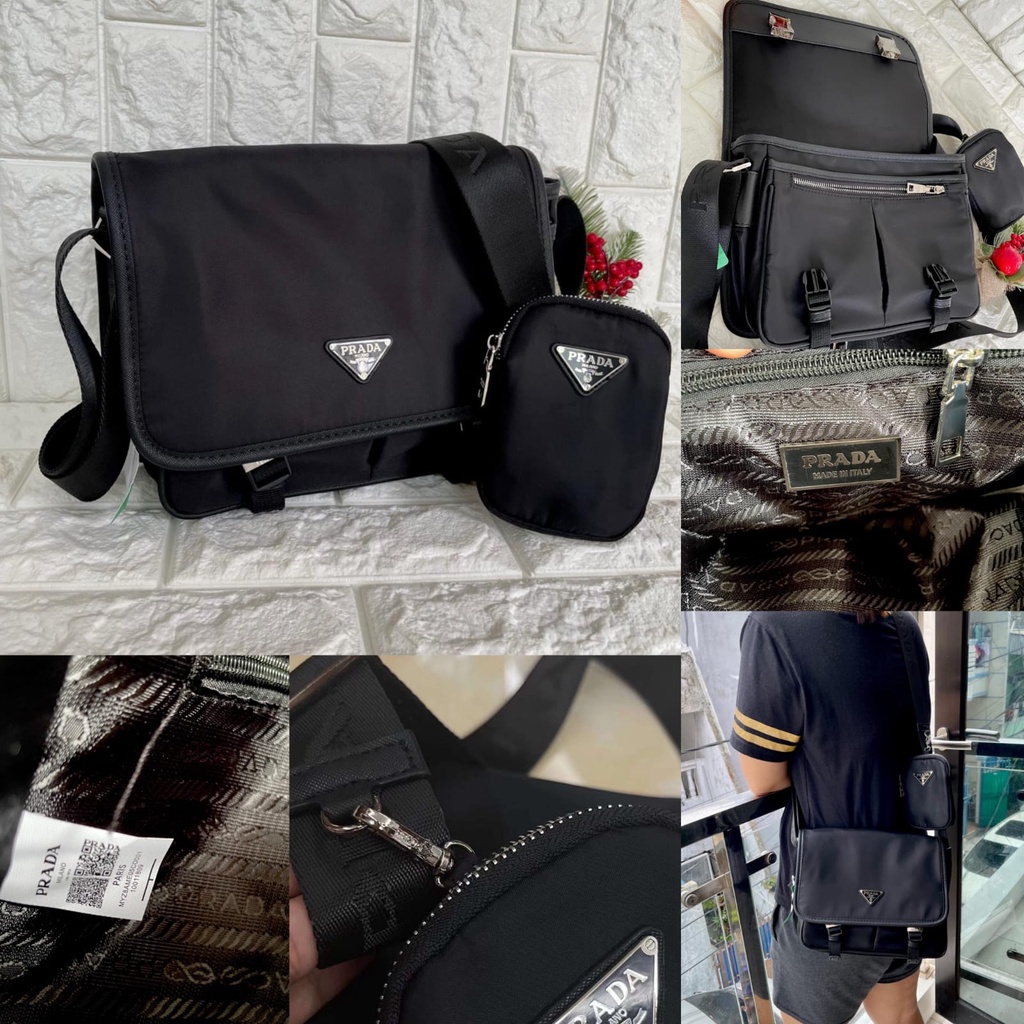 TAS SLEMPANG PRADA  SET POUCH UNISEX TAS SLEMPANG PRIA / WANITA HITAM TAS KERJA TAS JALAN IMPORT PRE