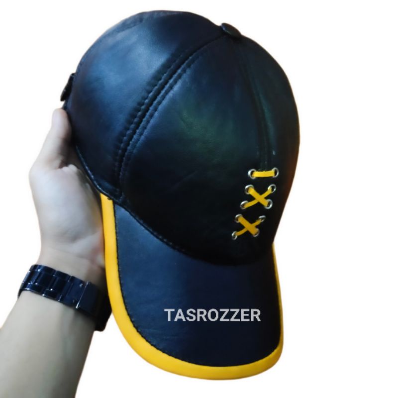 Topi pria kulit asli warna biru variasi tali