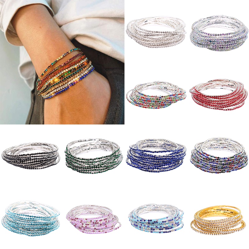 Set Gelang Rantai Berlian Zircon Berlian Imitasi Warna-Warni Elastis Gaya Korea Untuk Wanita