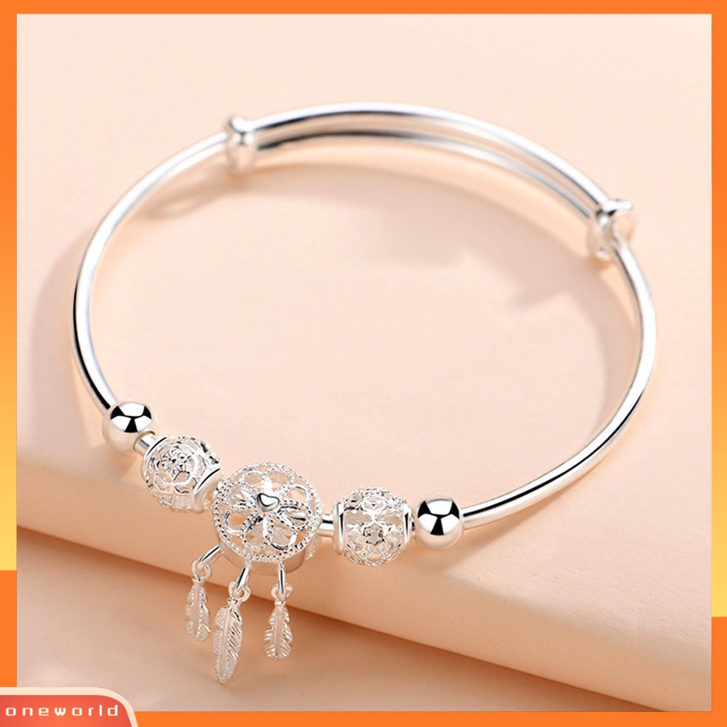 Gelang Bangle Adjustable Bentuk Lingkaran Hias Manik-Manik Bulu Rumbai Warna Silver Untuk Wanita