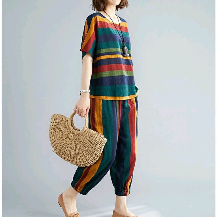 1572 Set2in1 Setelan ONESET Baju set celana ala Korea Korean style salur stripe wanita premium impor