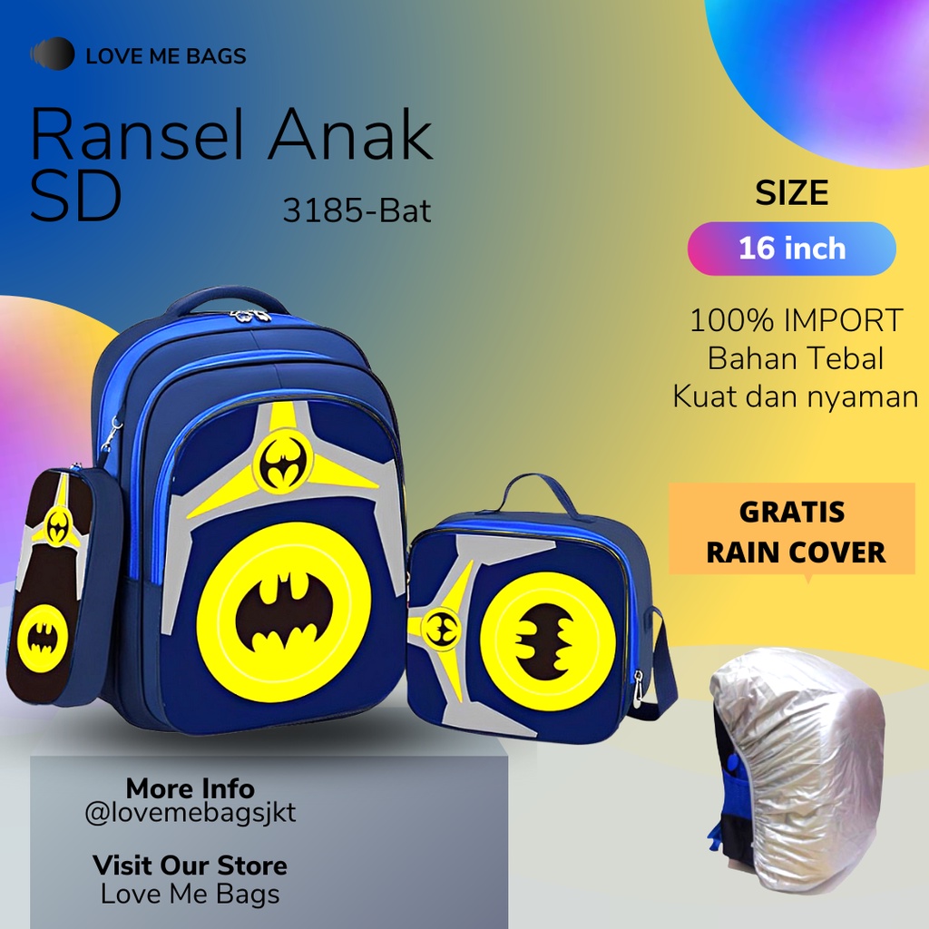 LMB Tas Sekolah Anak Laki Sd Import Set 3 Karakter Superhero Bagian Depan Timbul 6D Bahan Nilon Premium Kuat Dan Tebal