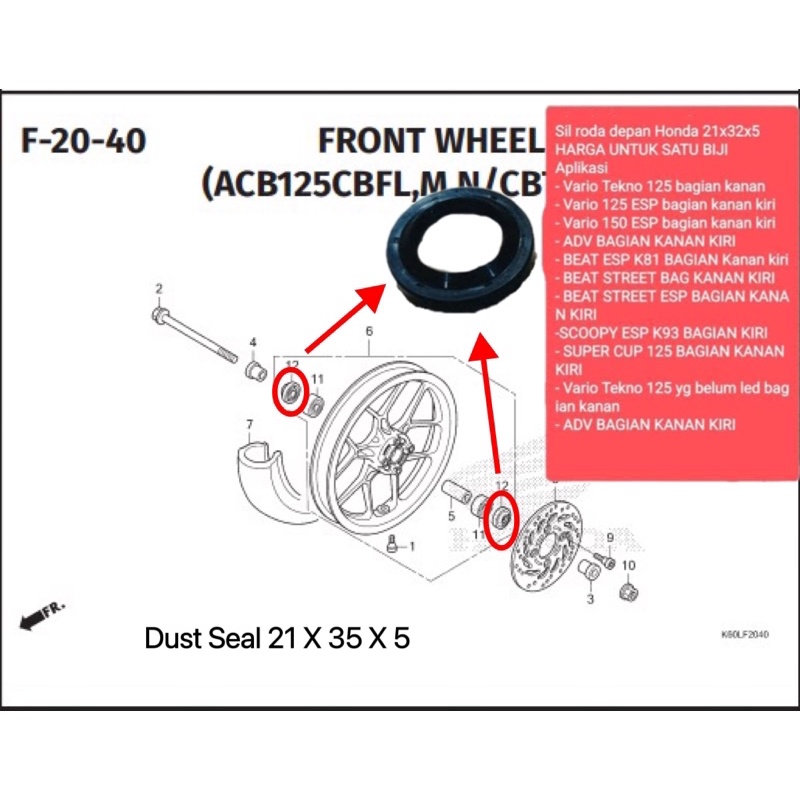 91251KZR601 Dust Seal Debu Roda Depan Sil Tutup Lahar Bearing Tromol 21X32X5 Beat Pop Eco Street Scoopy eSP Vario 110 125 150 ADV Genio Beat Deluxe 91251-KZR-601