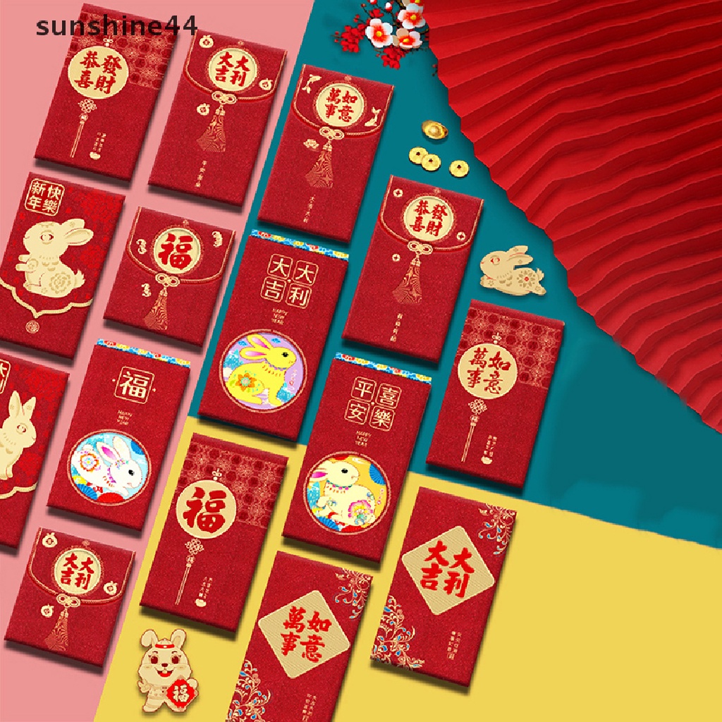 Sunshine 6Pcs Amplop Angpao Tahun Baru Cina / Imlek Gambar Kartun Kelinci Warna Merah 2023