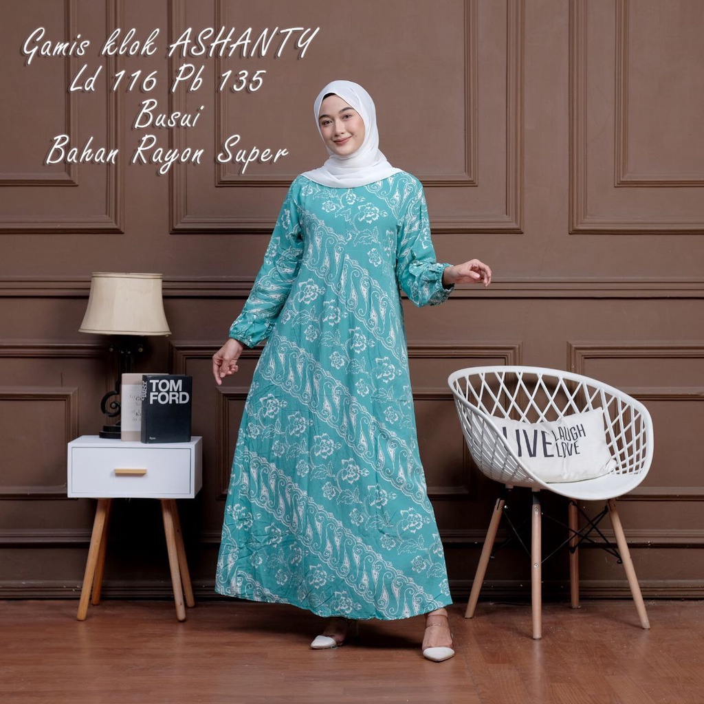 GAMIS ASHANTY RAYON PREMIUM MOTIF CAP MALAMAN BUSUI DEPAN KEKINIAN KARET LENGAN DRESS WANITA SYARI TERBRU