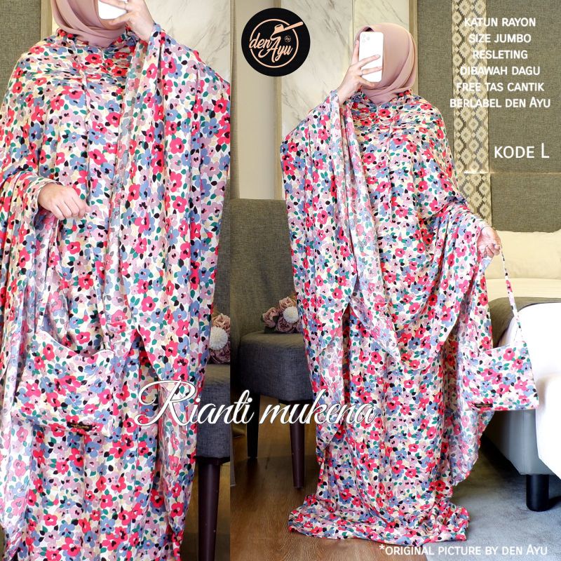RIANTI MUKENA BY DEN AYU | Mukena Rayon Adem Motif Bunga Size Jumbo Free Tas Cantik