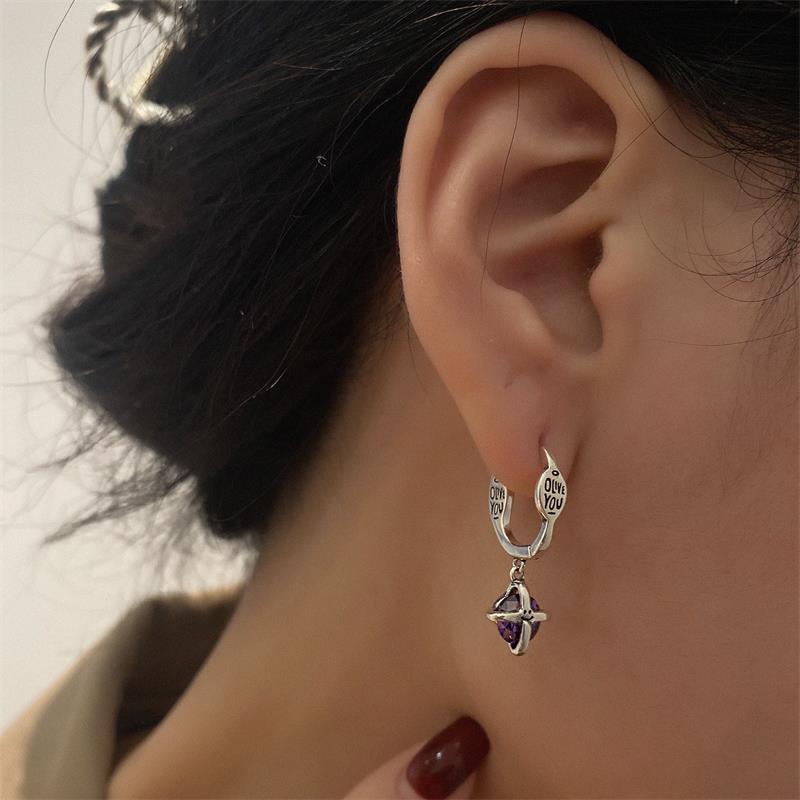 Anting Gantung Panjang Tusuk Gaya Vintage Korea Motif Geometri Aksen Zircon Ungu Untuk Perhiasan Wanita