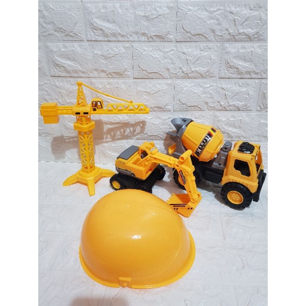 Mainan Set Helm Mobil Konstruksi Bangunan - Mainan Mobil Truk Crane Konstruksi