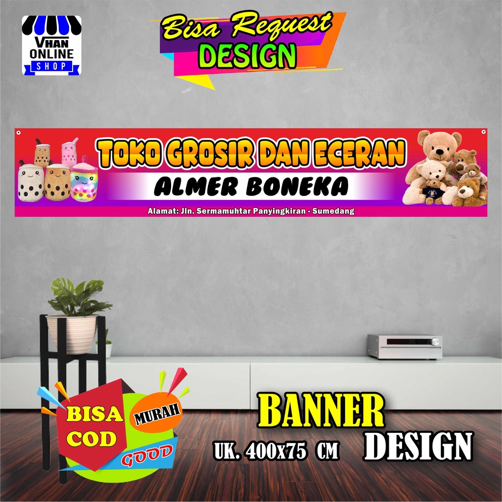 Spanduk Banner Backdrop Toko Boneka, Jualan Boneka, Toko Aksesoris