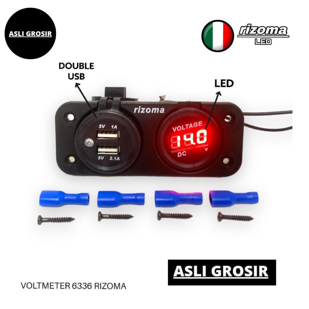 Voltmeter tanam Charger Hp Double USB Rizoma LED Merah Biru Universal