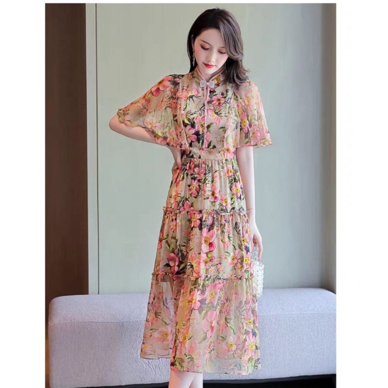 MDLV ~ 12346# CNY Valencia Tiered Midi Dress Flower Premium Import