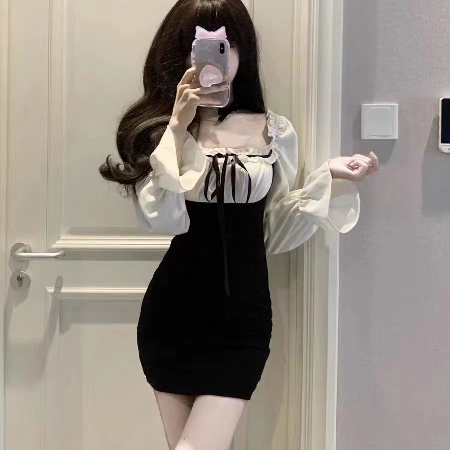 Suhao Hepburn gaya one-shoulder gaun dua potong palsu wanita French bottoming rok pendek hot girl keinginan murni slim-fit hip rok