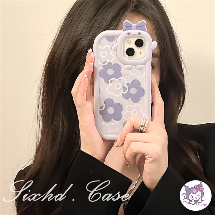 Compatible For iPhone 14 13 12 11 Pro Max SE 2020 X Xr Xs Max 8 7 Plus 3D Small Monster Case Ins Fashion Purple Flower Phone Case Anti-drop TPU Soft Protective Cover