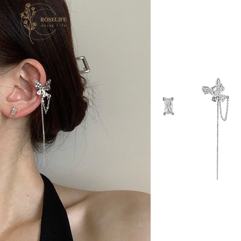 Roselife 1 Pasang Anting Tusuk Gantung Panjang Wanita Desain Kupu-Kupu Besar Asimetris Hias Zircon