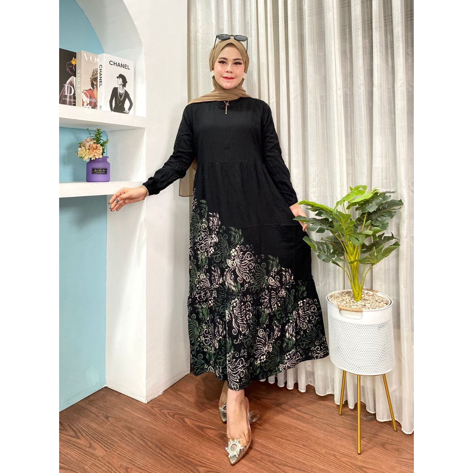 GAMIS RAYON MALAMAN MOTIF BLACK MAMBO RESLETING BUSUI BUMIL KEKINIAN DRESS WANITA SYARI VIRAL TERBARU