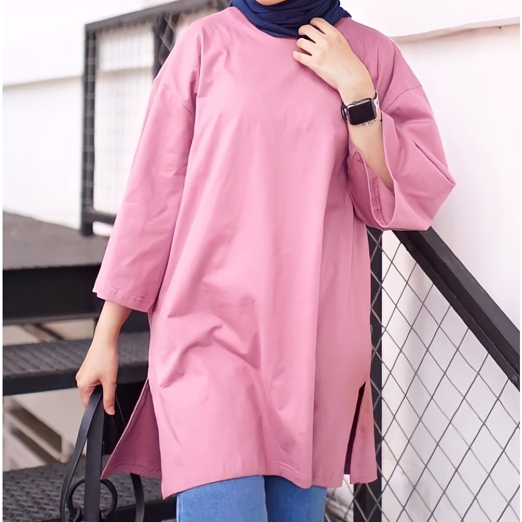 Atasan T shirt Basic oversize top kaos jumbo polos wanita hijab lengan 7/8