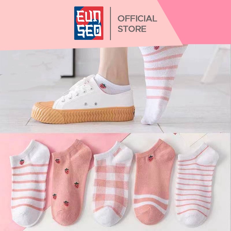 EUNSEO Kaos Kaki Ankle Cute Fashion Korea Motif Strawberry Garis Pink Kaos Kaki Pendek Import