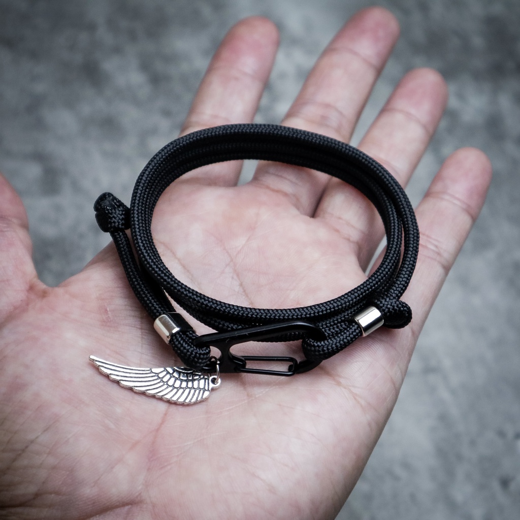 Gelang Pria Tali Paracord 4mm Snaphook Hitam Polos Flat Spacer Charm Sayap Premium Adjustable