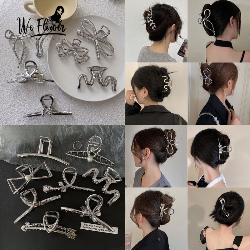 We Flower Jepit Rambut Bentuk Bunga Bahan Metal Warna Silver Anti Slip Untuk Wanita