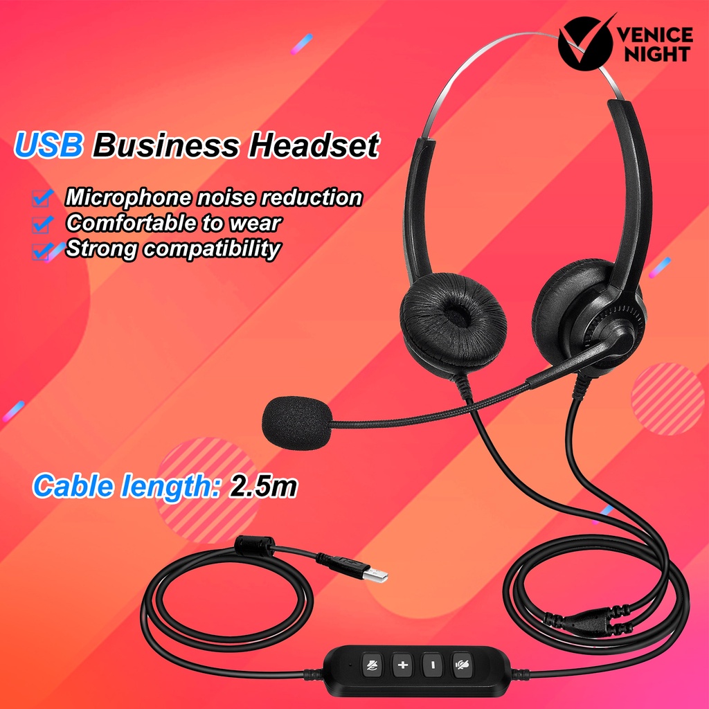 (VNEP) (Berkabel) 300D Telepon Headset Pengurangan Kebisingan Lossless Bernapas USB Binaural MIC Panjang Kabel Call Center Headphone untuk Pengemudi Truk Kantor