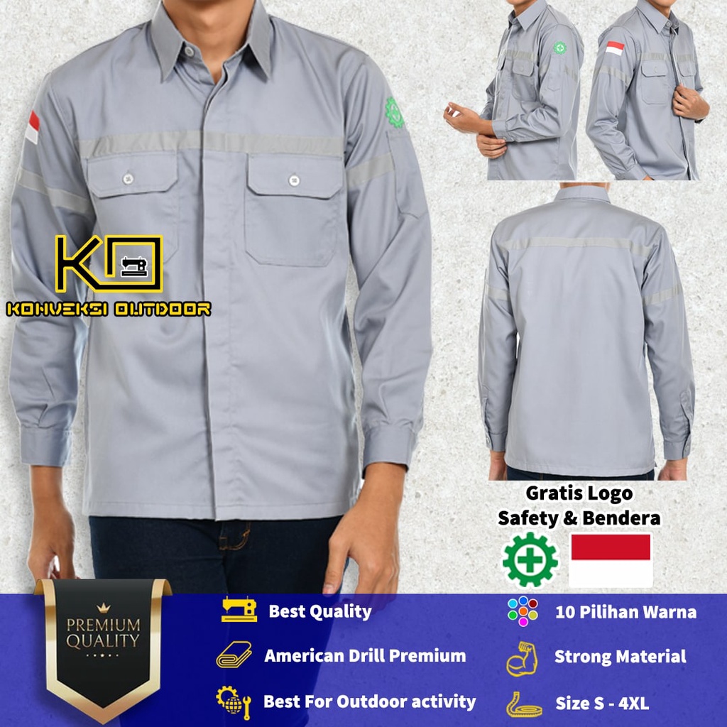 BAJU KEMEJA SAFETY WEARPACK K3 OUTDOOR PREMIUM LENGAN PANJANG - Seragam Proyek Pria Kerja Lapangan Bangunan Tambang Alat Berat PLN Enginer Instalasi Mesin Warepack Werpak Werpack Warepak Warpack Warpak Teknisi scotlet Warna Abu - abu Konveksi Outdoor