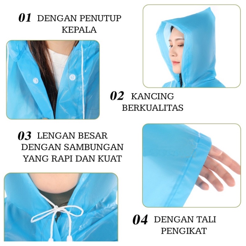 (NCS) Jas Hujan EVA Dewasa Premium Quality Lengan Panjang Semi Transparan Polos Lengan Karet Korea Poncho Transparant Bahan PEVA Mantel Raincoat
