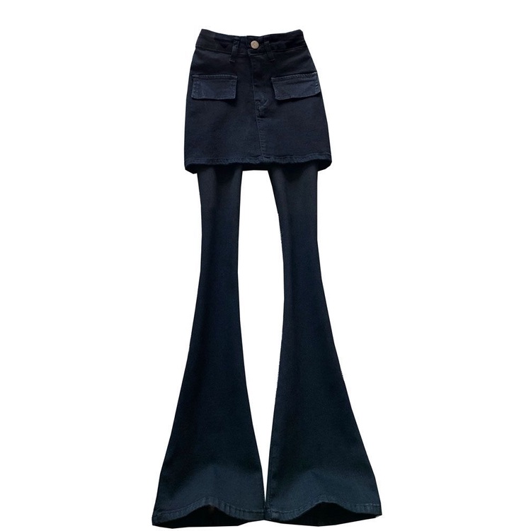 Suhao Ukuran Besar American Retro Elastis Berkobar Celana Jeans Wanita Palsu Dua Potong Rasa Desain Tinggi Pinggang Pelangsing Slim Berkobar celana