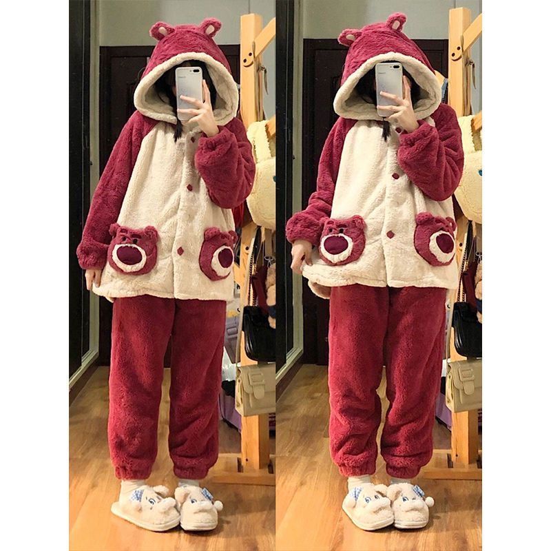 Suhao Cute Strawberry Bear Bulu Karang Berkerudung Piyama Wanita Musim Gugur dan Musim Dingin Menebal Flanel Baju Hangat Layanan Rumah