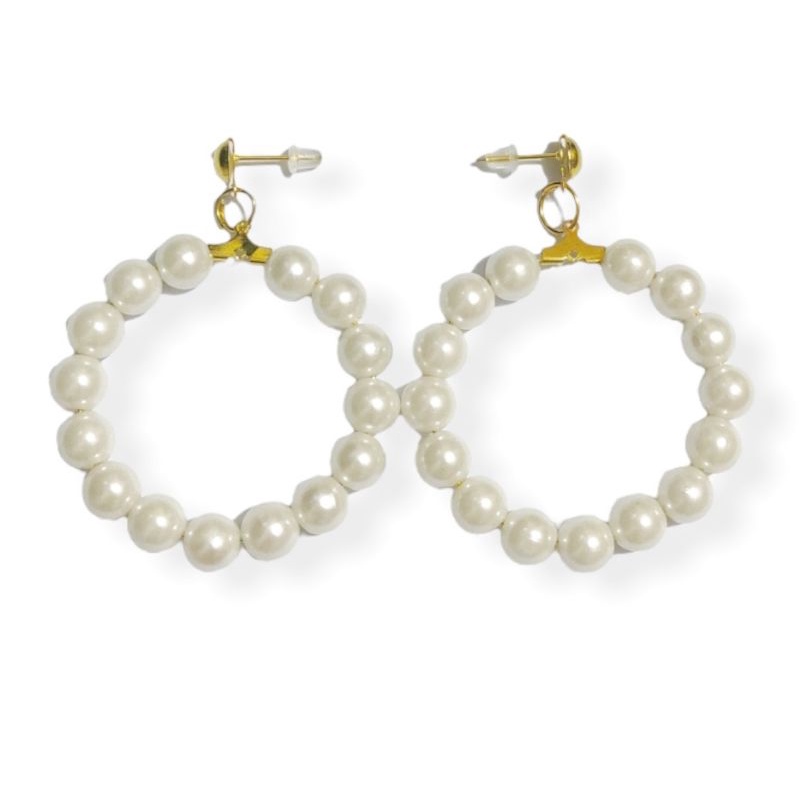 Veronica Pearl Hoops Stud Earrings Circle Anting Lingkaran Mutiara Tusuk Bulat Korean Style Gaya Korea