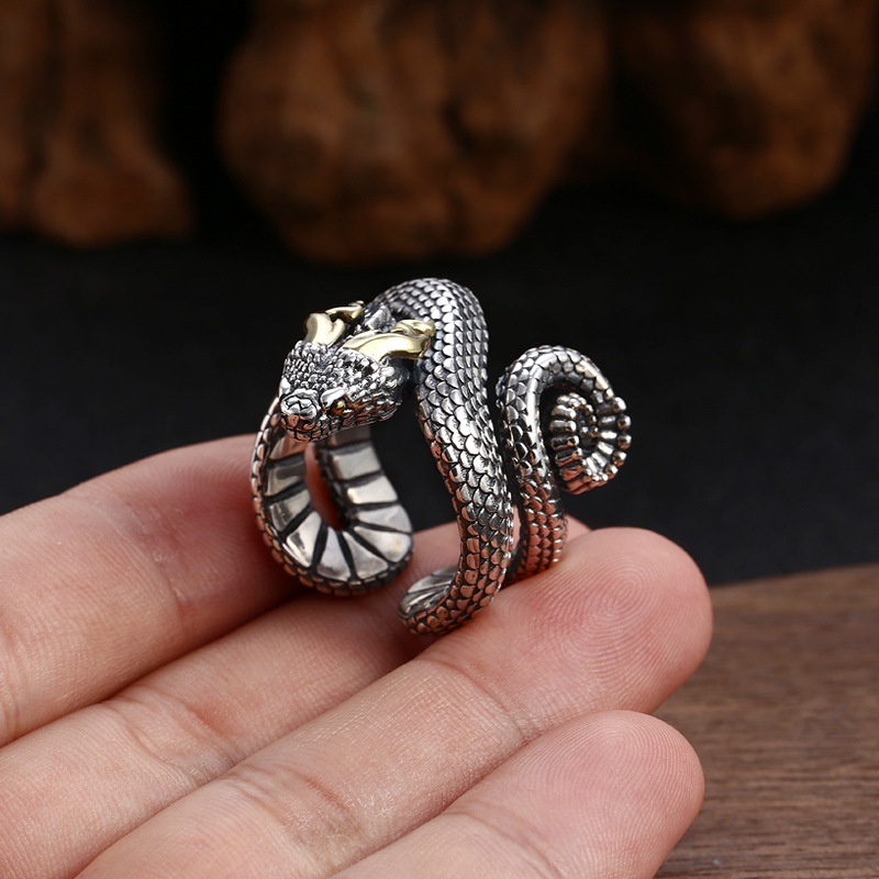 Cincin Lapis Silver Desain Ular Naga Dapat Disesuaikan Gaya Rock Untuk Pria