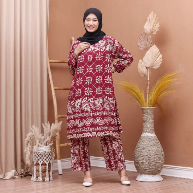 Setelan Wanita Rayon Premium Jumbo Tunik Piyama Baju Wanita Kekinian Busui Resleting Depan Lengan Berkaret Wudhu Friendly One Set Tunik Terbaru Termurah