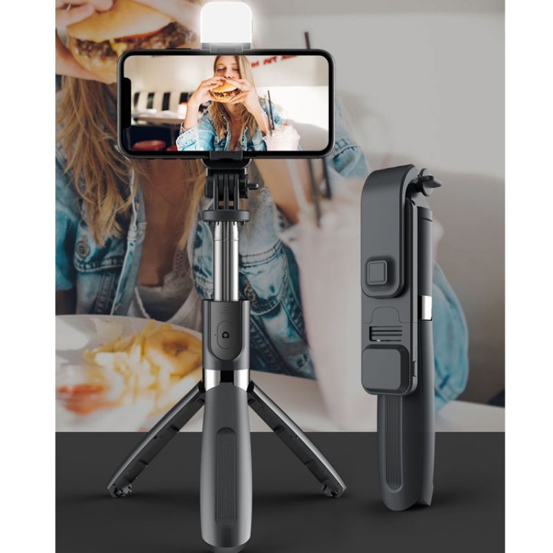 SAIIASTORE Tongsis-Tripod-remot-selfie 4in 1 stick dengan lampu LED paket paket lengkap, banyak fungsi
