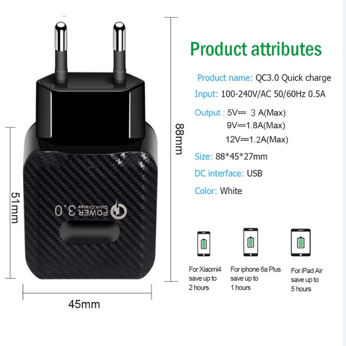 Adapter Power Charger USB QC3.0 Fast Charging 18W Portable Untuk Iphone / Tablet