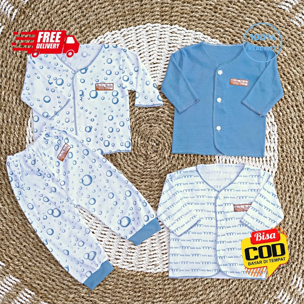 SALE 7.7 Serian Biru - 3 Stel Setelan Baju Bayi Tangan Panjang Celana Panjang Bayi 0 sd 3 Bulan BLUE SEA SERIES merk SNI Bolo - Bolo