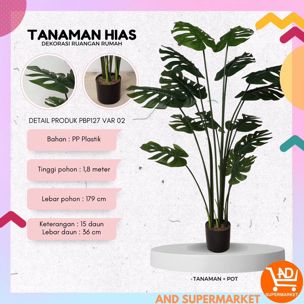 AND / COD / Tanaman Pohon Monstera Hias 180 cm Dekorasi Ruangan Rumah Artificial Pohon Plastik Monstera Palsu PBP127-02