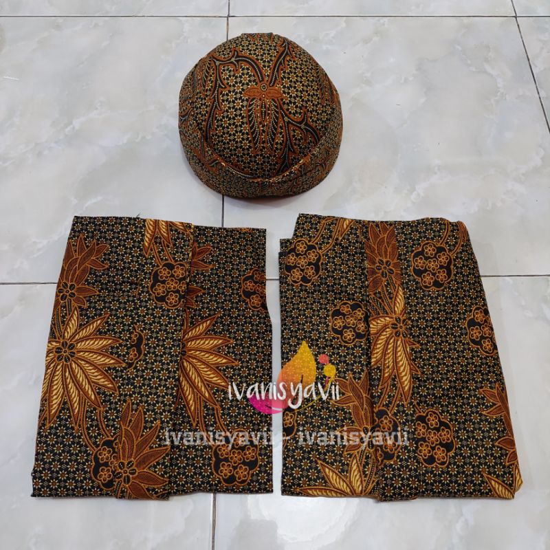 Set Jarik Cewek Cowok + Blangkon, Motif Bunga Hijau